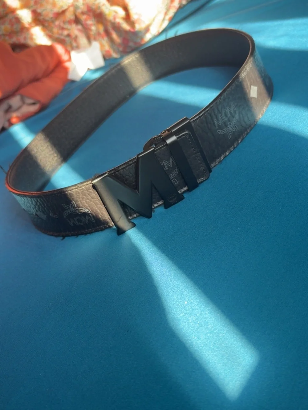 MCM Black Leather Belt with Black 'M' Buckle